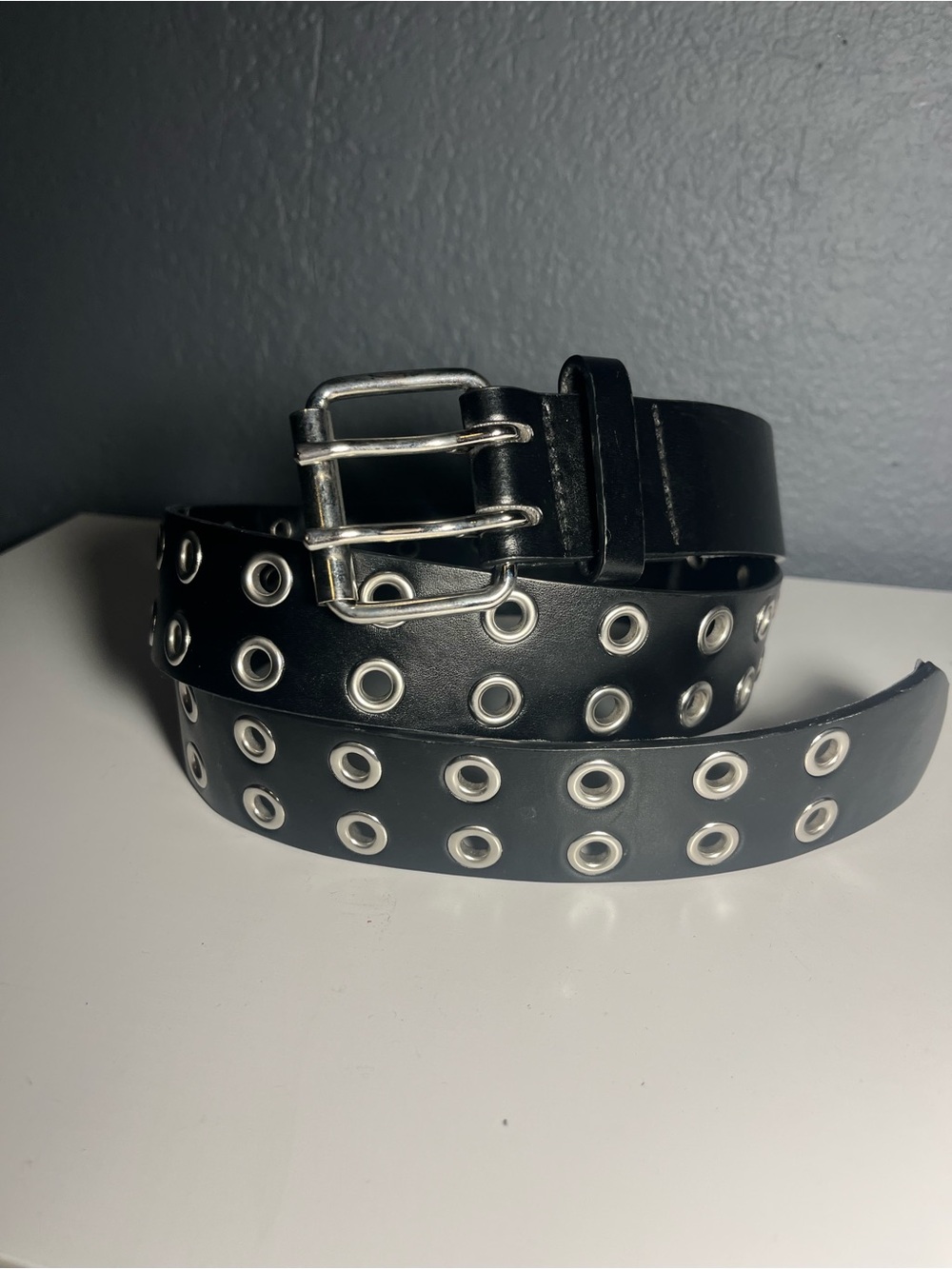 Hot Topic Black Double-Row Grommet Belt with Silver Hardware